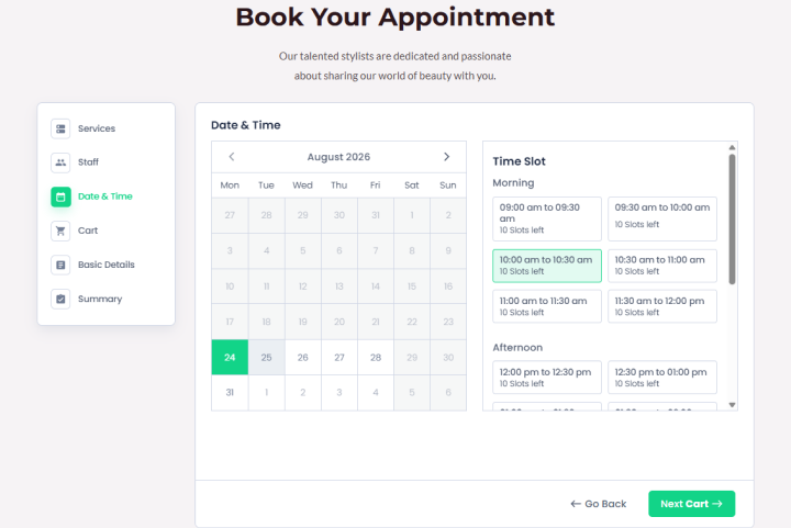 show real time availability when select date and time for booking