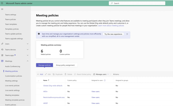 check microsoft teams meeting policies