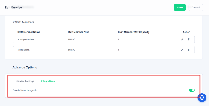 enable zoom integration in specific service