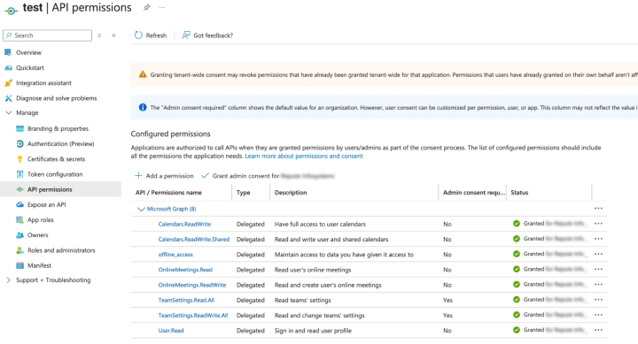 grant the required api permissions