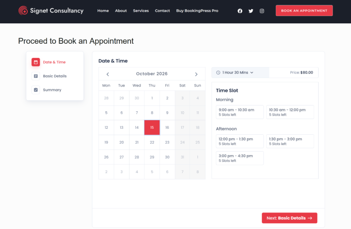 select date and time in booking form