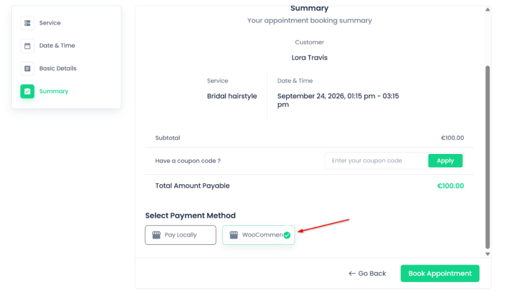 woocommerce payment option available during the booking
