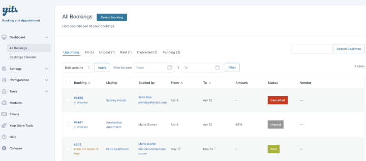 yith bookings dashboard