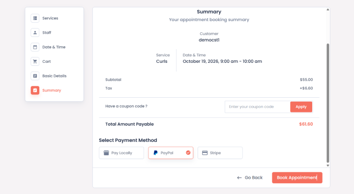 appointment summary in bookingpress