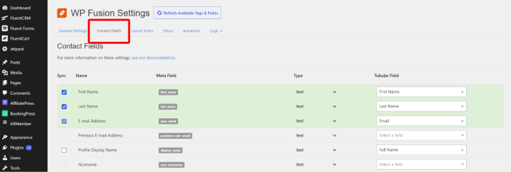 contact field tab in wp fusion