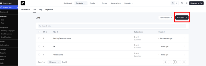 create list in fluentcrm