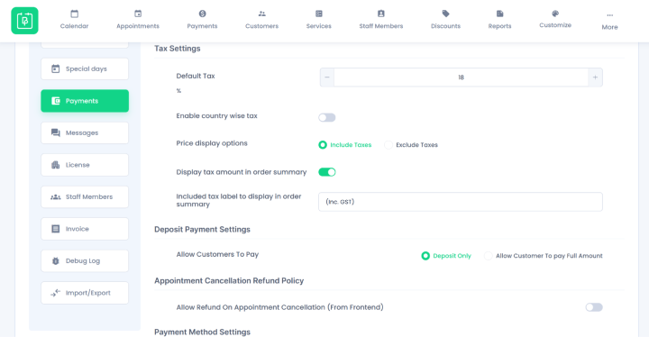 deposit payment setting in bookingpress