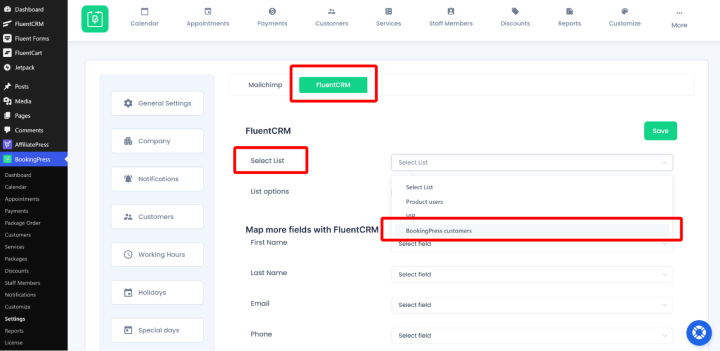 map fluentcrm fields in bookingpress
