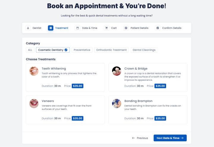 select treatment in booking form