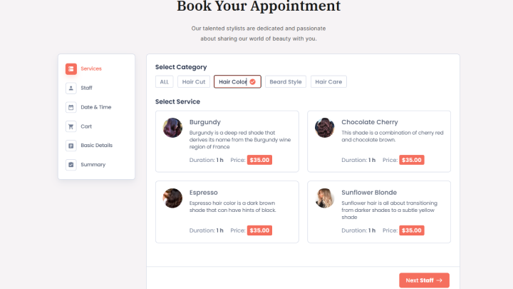 service selection in bookingpress